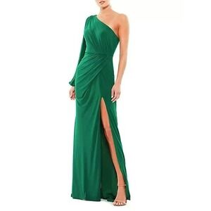Mac Duggal Gown Sz 12 Emerald Green One-Shoulder Long Sleeve Ruched MOB  $348